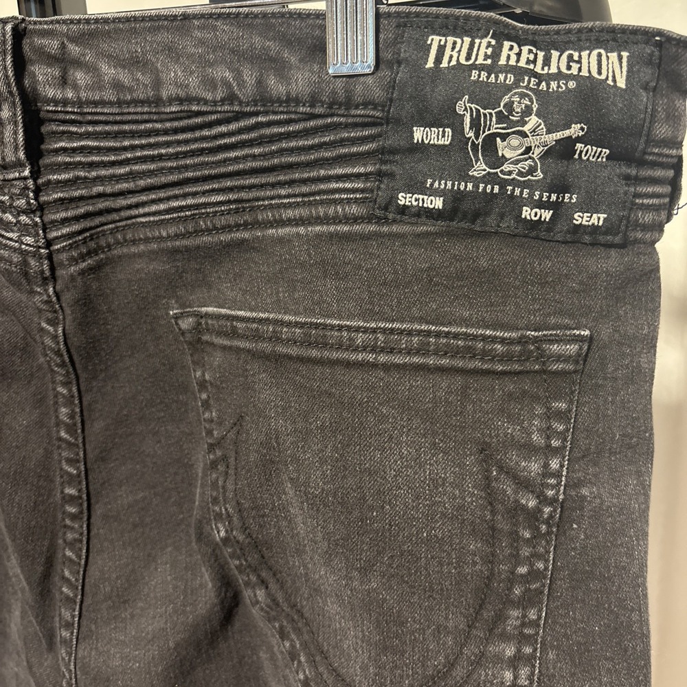 True Religion Jean Shorts Mens 38 Black Denim Rocco Relaxed Skinny Distress Fray